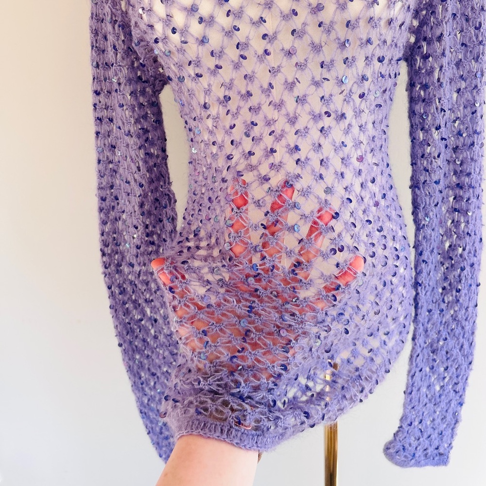 Y2K SMOOCHES 90s Open Knit Sequin Oversized Long Layer Sweater Fairy Grunge Sz M - Picture 7 of 12